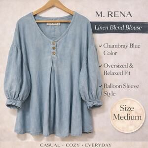 M. Rena Linen Blend Blouse Oversized Puff/Balloon Sleeve Lagenlook Boho Casual